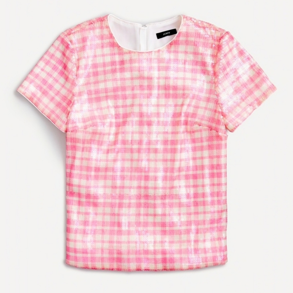 J CREW sequin gingham top pink and ivory XXS
